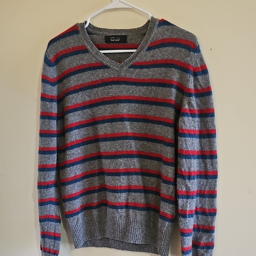 Zara Gray and Red Striped V-Neck Sweater
